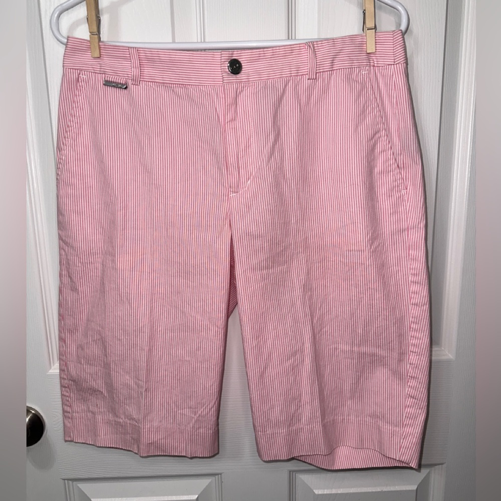 Pink seersucker pink white Striped Shorts. L-RL Lauren Active
